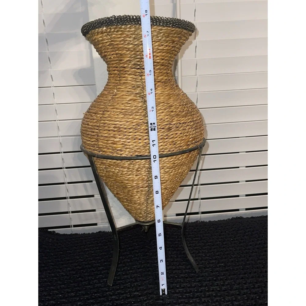 VTG XL Woven Metal & Rope Fiber Basket Shaped‎ Vase/Unbrella Stand W/Tripod Legs